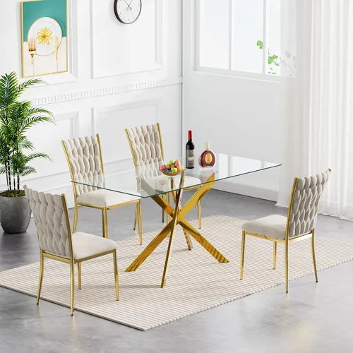 Vista 17 de Juego de mesa de comedor de cristal para cocina de 4, 5 piezas, mesa de comedor rectangular de 51 pulgadas con 4 sillas de cocina de terciopelo