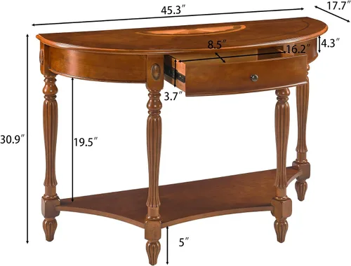 Vista 3 de Mesa de entrada de madera maciza con cajón, mesa de sofá semicírculo con estante de almacenamiento, tallas laterales de media luna, elegante mesa