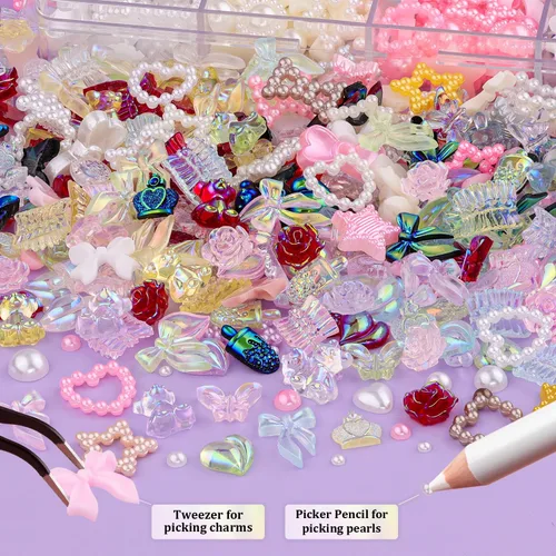 Vista 3 de Dijes acrílicos para uñas de múltiples formas y colores, arco de flores de corazón, estrella, mariposa, perla estrellada, joyas AB para decoraciones
