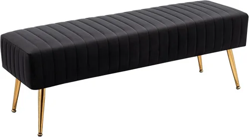 Vista 9 de Furniliving Banco de 44 Pulgadas para Dormitorio, Bancos Otomanos Tapizados con Tela Rayada y Tufting con Patas de Metal en Forma de X para Sala