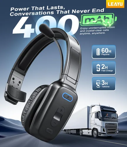 Vista 3 de Auriculares Bluetooth Trucker, micrófono con cancelación de ruido AI de 60 horas para conducir Mute Button, Multipoint Pairing, Single-Ear Design