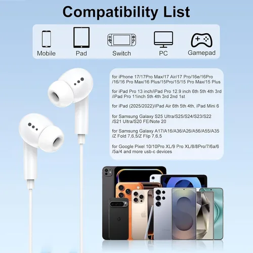 Vista 5 de [Certificado Apple MFi] Auriculares USB C para iPhone 17, 16, 15, auriculares con cable con micrófono y control de volumen, cancelación de ruido