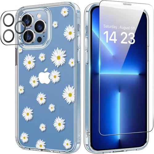 Vista 16 de bicol Funda para iPhone 14 Plus con Protector de Pantalla y Lente de Cámara - Diseños Florales de Moda para Mujeres y Niñas - Funda Transparente