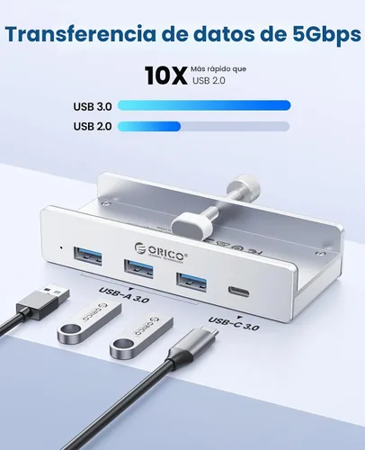 Vista 2 de ORICO Hub USB 3.0, Abrazadera USB Hub con puerto de alimentación adicional, 3 puertos de datos USB-A, puerto USB-C para monitores, escritorios