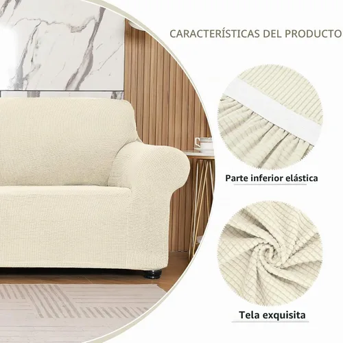 Vista 3 de Funda elástica suave para sofá de 3 cojines, protector de muebles, transpirable, lavable, tela jacquard, cuadros pequeños con parte inferior Beige