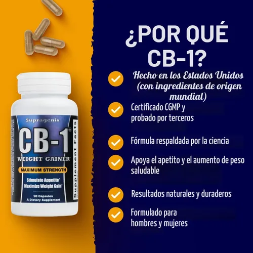 Vista 7 de Supragenix CB-1 Píldoras para aumentar de peso (90 unidades) Apoyo para ganar peso para mujeres y hombres Potenciador del apetito clínicamente