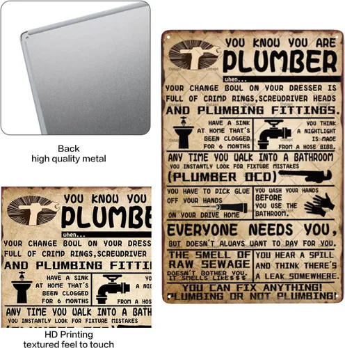 Vista 2 de Decoración de pared retro de plomería con texto en inglés «You Know You Are A Plumber Metal Tin Signs», póster divertido para cocina, baño, baño