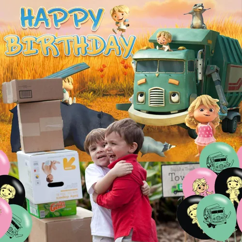 Vista 7 de Fondo de fiesta de cumpleaños de camión de basura, decoración y pancarta, accesorios de fondo de fotos para niños y niñas, 5 x 3 pies