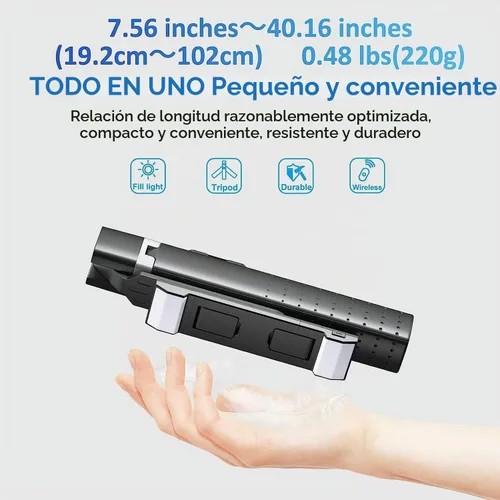 Vista 4 de Trípode Cuadrápode para Palo de Selfie de 41" con 2 Luces de Relleno Recargables, Trípode Extensible con Control Remoto Bluetooth, Acero Inoxidable
