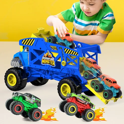Vista 5 de Monster Trucks Hauler Rhino con 3 mini camiones y lanzamiento de súper rampa, regalo para niños a partir de 3 años