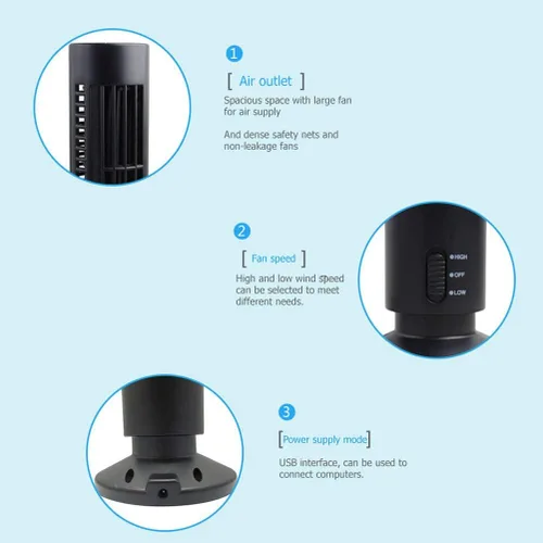 Vista 4 de Ventilador de torre oscilante, enfriador de aire portátil vertical sin aspas, ventilador de aire acondicionado de escritorio USB, mini ventilador