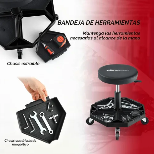 Vista 5 de Goplus Taburete mecánico con ruedas, bandeja magnética para herramientas Negro