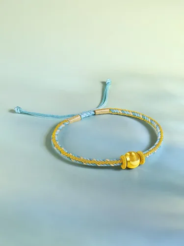 Vista 5 de ZHOU LIU FU Pulseras de oro real de 24 quilates, pulseras de la amistad, joyas ajustables de oro sólido con bola dorada, azul, verde, rosa, pulseras