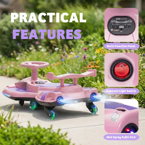 Vista 3 de Coche eléctrico Wiggle de 12V, 360° Drift & Mist Spray Ride en Morado