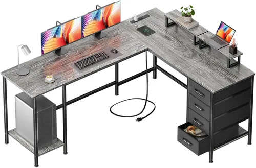 Vista 13 de Korfile - Escritorio para computadora en forma de L de 59 pulgadas con tomas de corriente, color negro