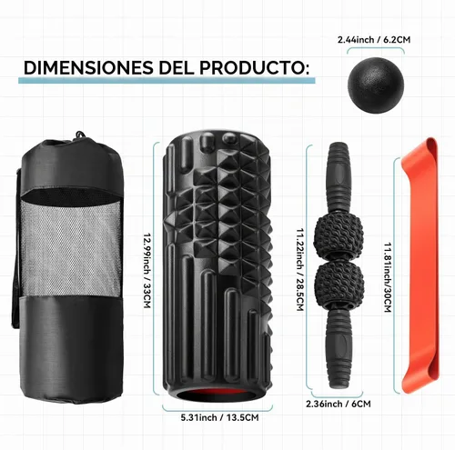 Vista 2 de Juego de rodillos de espuma 5 en 1, rodillo de ejercicio Rodillo de masaje de tejido profundo, bola de masaje, banda de resistencia para pilates