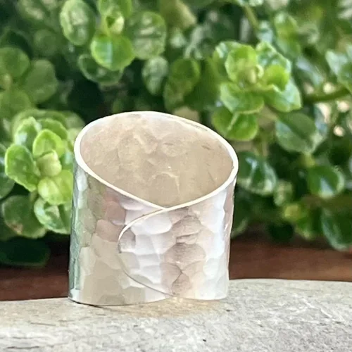 Vista 9 de Hammered Sterling Silver Handmade Classic Wide Band Boho Statement Ring, Shiny Finish Wrap Band Adjustable to Sizes 6-12, Also as Thumb Ring, Gift