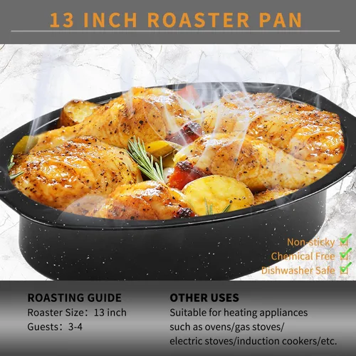 Vista 4 de JY COOKMENT Sartén para asar granito, pequeña sartén esmaltada de 13 pulgadas con tapa abovedada. Olla ovalada para pavo, sartén para asar, ideal