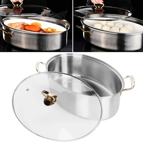 Vista 6 de Juego de ollas de vapor ovaladas de acero inoxidable 304, gran capacidad, olla de cocina casera con plato