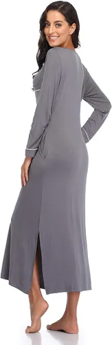 Vista 4 de COLORFULLEAF Camisones para mujer, de manga larga, suaves, cuello en V, longitud completa, ropa de dormir casual