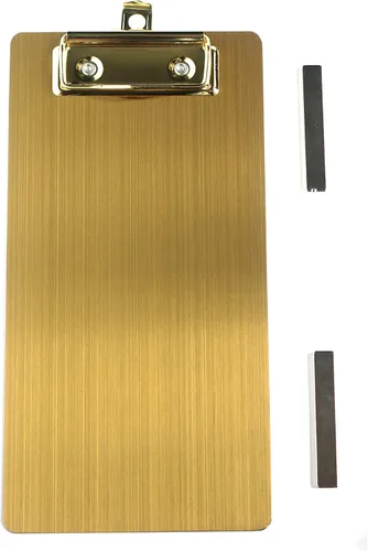 Vista 8 de Portapapeles magnéticos de acero inoxidable 4 x 6, portapapeles dorados pequeños tamaño A6, tablero de clip de metal con clip de perfil bajo