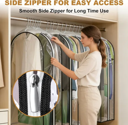 Vista 7 de Perchas transparentes de 40 pulgadas con cremallera lateral lisa, bolsas impermeables con refuerzo de 10 pulgadas para camisas, abrigos, vestidos