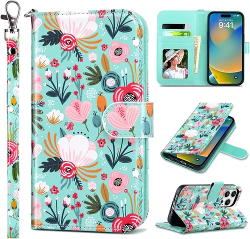 Vista 30 de ULAK Funda tipo cartera compatible con iPhone 15 Pro con tarjetero y diseño de flores, para mujeres y niñas, piel sintética, con función atril