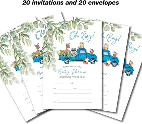 Vista 4 de YIDOU Woodland Blue Truck Boy Baby Shower Invitaciones para fiesta de Greenery Woodland Animal Rellenar tarjetas de invitaciones 20 invitaciones