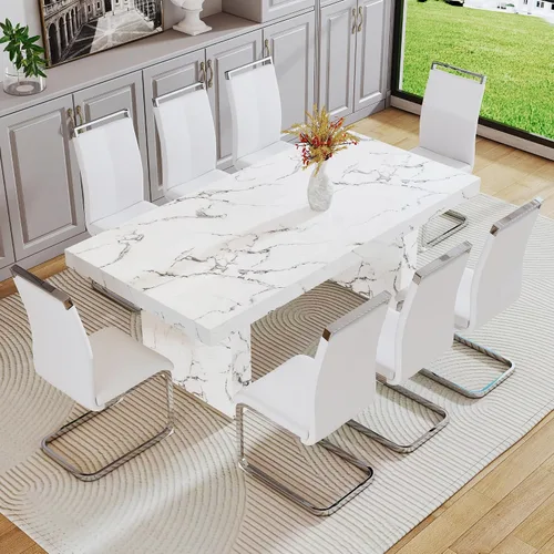 Vista 58 de gopop Mesa de comedor de mármol de 63 pulgadas, tablero de mesa de comedor MDF con patrón de mármol y base para cocina y comedor.