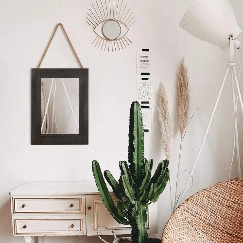 Vista 5 de Espejo de pared rectangular para baño, decoración de madera blanca envejecida con cuerda para colgar para decoración rústica del hogar, tocador
