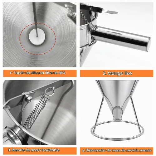 Vista 4 de Dispensador de masa para panqueques de 40 onzas, dispensador de pastel de embudo de acero inoxidable con soporte, herramienta de hornear resistente