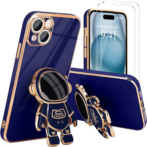 Vista 52 de Pepmune - Funda para iPhone 15 con soporte de astronauta 3D, color negro [2 Screen Protector], Luxury Electroplated Soft TPU Cover with Kickstand