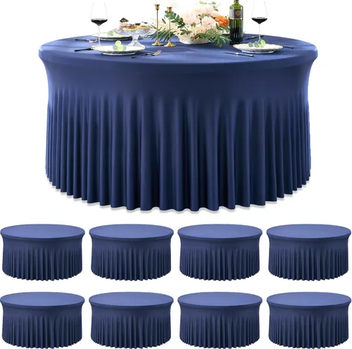 Vista 26 de Paquete de 6 manteles redondos de elastano azul bebé para mesa de 60 pulgadas, manteles elásticos de 120 pulgadas ajustables de 5 pies, manteles
