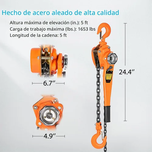 Vista 7 de SPECSTAR Polipasto de Cadena con Palanca de 3/4 Tonelada, Capacidad de 1650 Libras, 5 Pies con 2 Ganchos de Servicio Pesado, Cadena