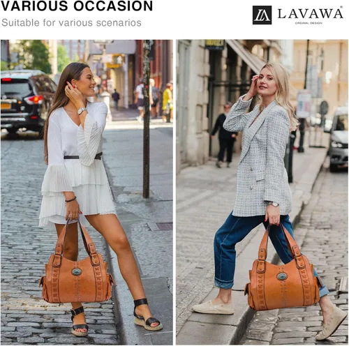 Vista 2 de Bolso de mano para mujer grande, bolso western, damas con asa superior, bolsos de hombro vintage con conchas grabadas y tachuelas