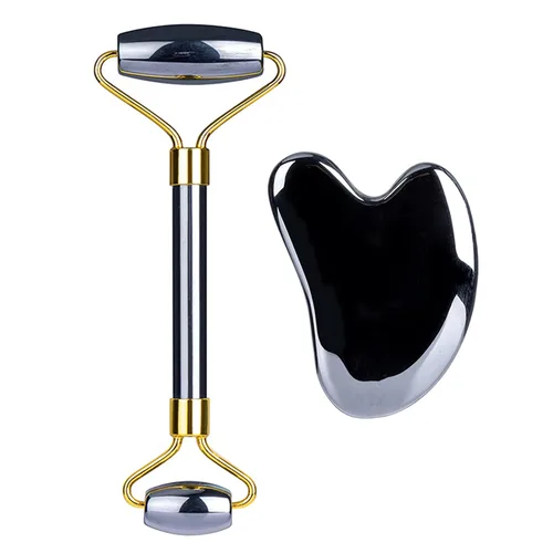 Vista 10 de HOTACE Juego de rodillos faciales y Gua Sha de terahercios naturales, juego de rodillos faciales de piedra energética para el cuidado de la cara