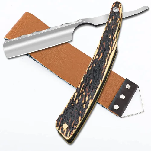 Vista 12 de Navaja de afeitar recta con estropajo - Afeitadora profesional de borde recto de acero inoxidable premium para barbero con estropajo para aseo