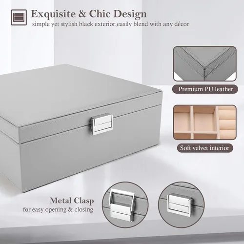 Vista 5 de ProCase - Joyero grande de cuero con dos niveles para organizar aretes pulseras anillos relojes para mujeres niñas regalo ideal para novia o esposa