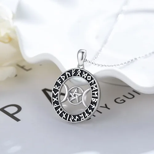 Vista 4 de Coachuhhar Triple Moon Goddess Celtic Necklace for Women 925 Sterling Silver MoonstonePentagramRune Pendant Wiccan Pagan Jewelry Gifts for Girls