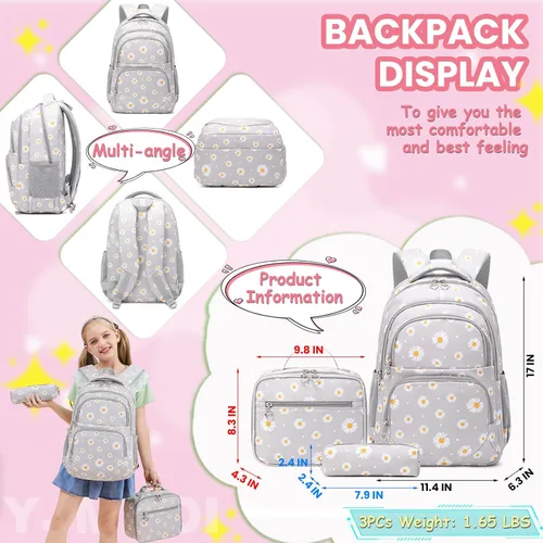 Vista 2 de YJMKOI Mochila con estampado de margaritas para niñas de secundaria y primaria, juego de mochila con lonchera (negro)