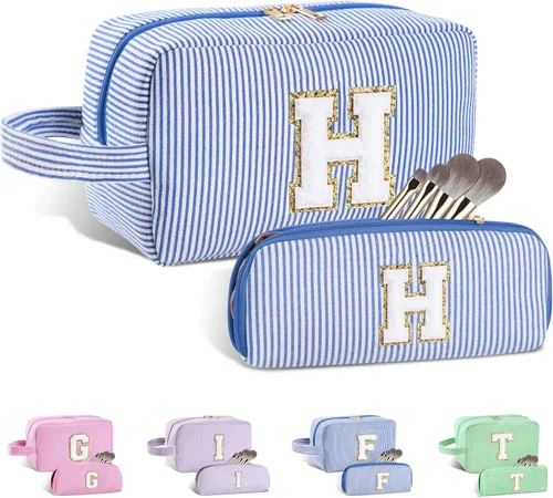 Vista 145 de Bolsa de maquillaje personalizada con inicial A-Z para mujeres, niñas y niños, bolsa de aseo de viaje, bolsa de maquillaje preparada, bolsa