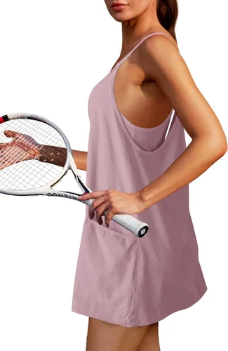 Vista 2 de Nirovien Vestido de tenis para mujer, mini vestido de entrenamiento con pantalones cortos, sin mangas, tirantes delgados, vestidos atléticos de golf