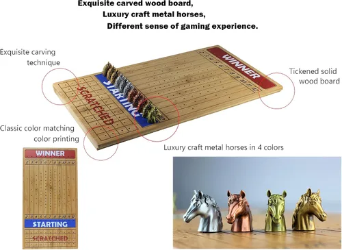 Vista 3 de Juego de mesa de carreras de caballos de metal con tablero de juego de madera gruesa y maciza de carreras de caballos (22 pulgadas, natrual), 11