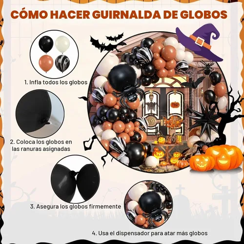 Vista 3 de Kit de guirnalda de arco de globos de Halloween, globos negros, retro naranja, blanco y negro de mármol con globos de estrella de araña de papel