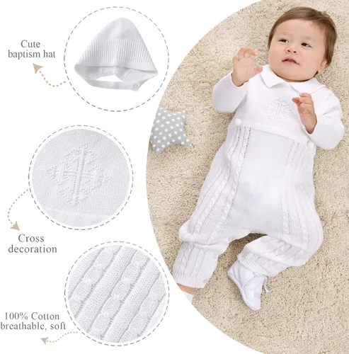 Vista 3 de Booulfi Traje de bautizo para bebé niño con sombrero, detalle de cruz