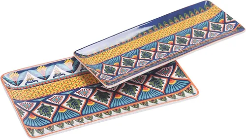 Vista 6 de Bico Blue Talavera - Juego de 2 platos rectangulares de cerámica de 14 pulgadas, para servir ensalada, pasta, queso, jamón, aperitivo, microondas