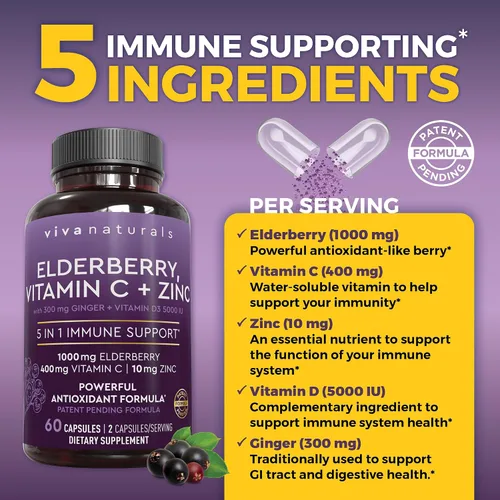 Vista 3 de Viva Naturals Baya de saúco negro de 1000 mg con vitamina C, D3 5000 UI y zinc, suplemento de apoyo inmunológico 5 en 1 para adultos, cápsulas