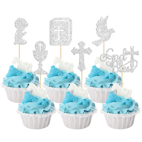 Vista 10 de Gyufise 24 piezas de decoración de cupcakes con purpurina azul que Dios bendiga y cruz, decoración de pastel para baby shower, bautismo, fiesta