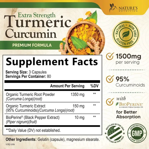 Vista 2 de Suplemento de curcumina de cúrcuma de 1500 mg, pimienta negra orgánica tumérica y bioperina para una mejor absorción con 95% de curcuminoides, apoyo