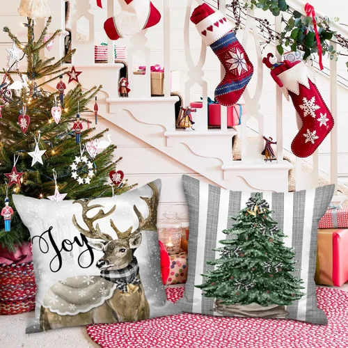 Vista 4 de Lanpn Juego de 4 fundas de almohada navideñas de invierno de 12 x 12 pulgadas, guantes de muñeco de nieve, alce, eucalipto, funda de cojín